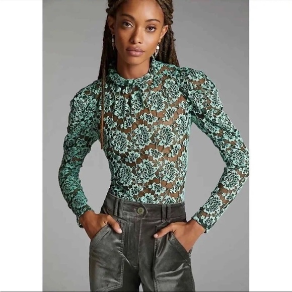 NWT ANTHROPOLOGIE Dolan Mint Green Lace long sleeve top - Picture 2 of 8